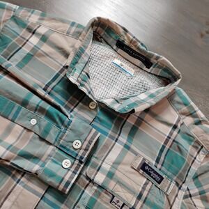 Columbia PFG Shirt Mens L Green Tan Plaid Super Bahama Omni Shade Long Sleeve